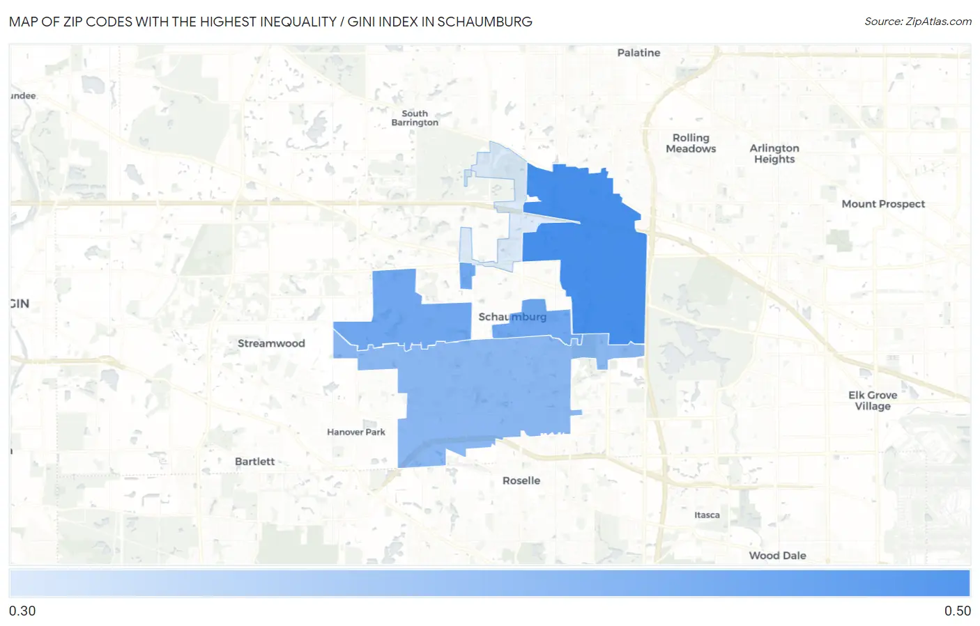 Zip Codes with the Highest Inequality / Gini Index in Schaumburg Map