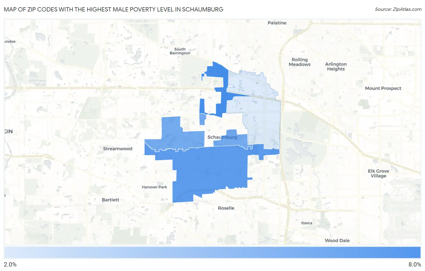Zip Codes with the Highest Male Poverty Level in Schaumburg Map