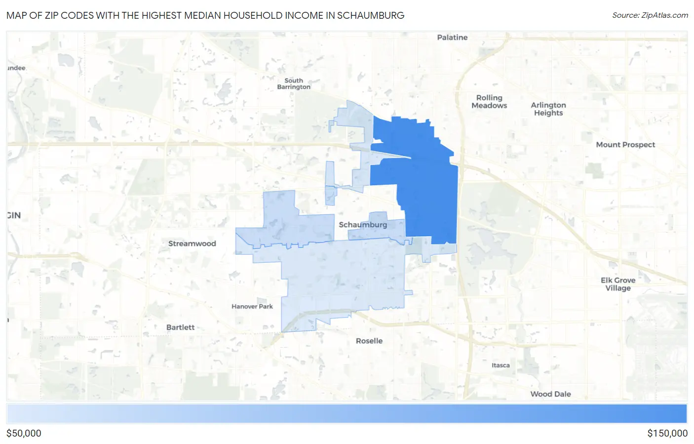 Zip Codes with the Highest Median Household Income in Schaumburg Map