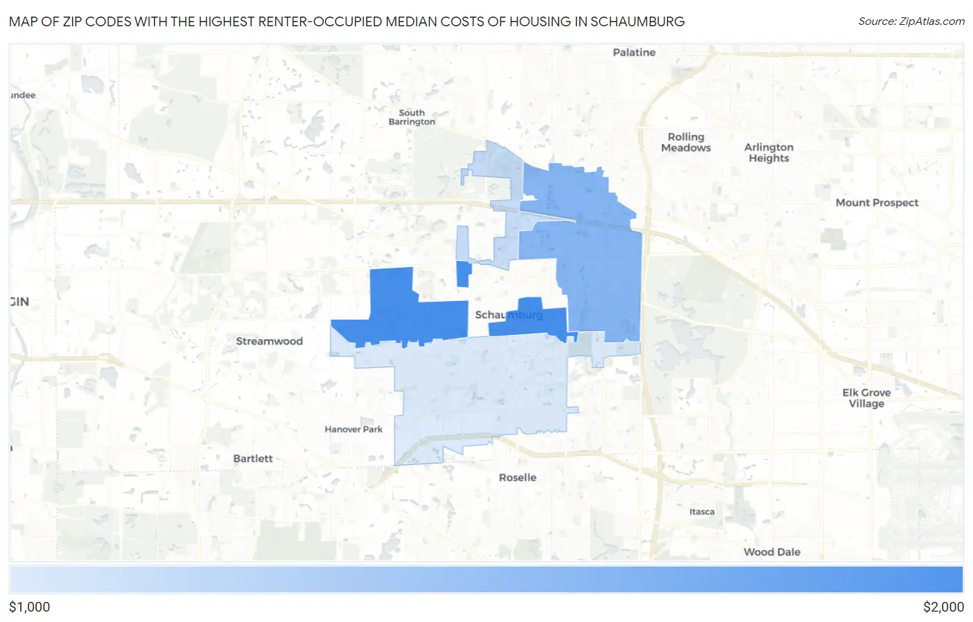Zip Codes with the Highest Renter-Occupied Median Costs of Housing in Schaumburg Map