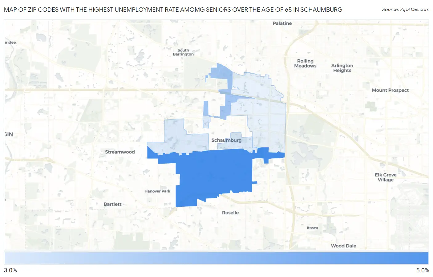 Zip Codes with the Highest Unemployment Rate Amomg Seniors Over the Age of 65 in Schaumburg Map