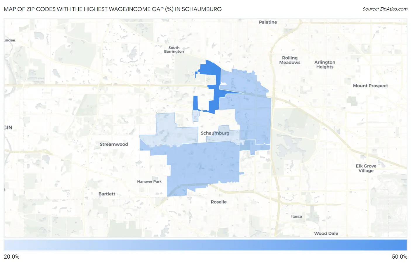 Zip Codes with the Highest Wage/Income Gap (%) in Schaumburg Map