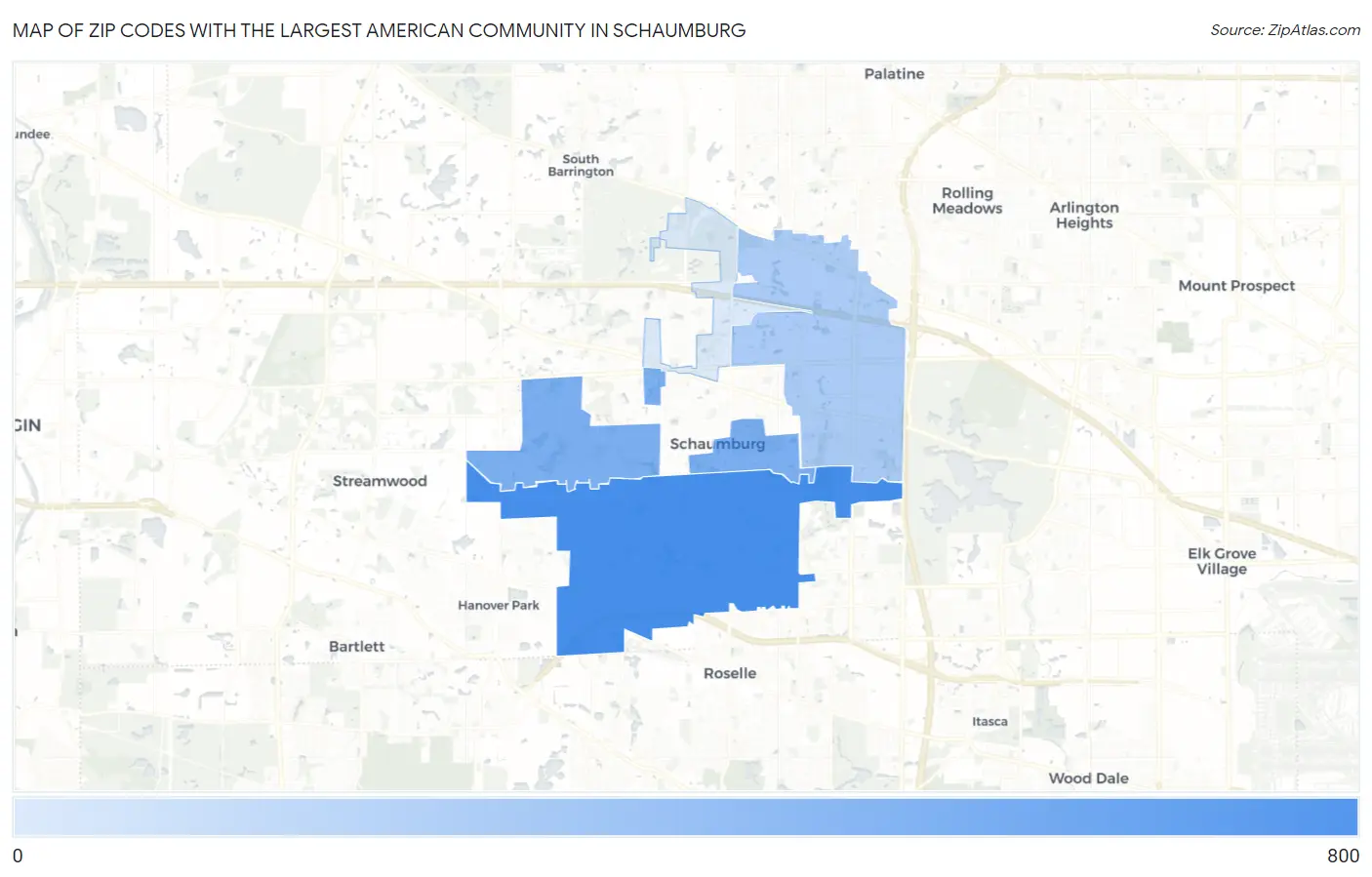 Zip Codes with the Largest American Community in Schaumburg Map