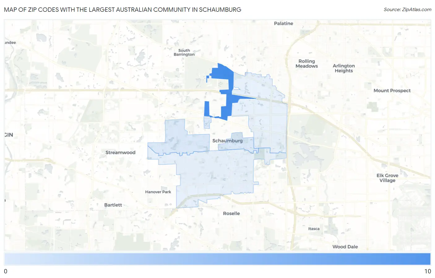 Zip Codes with the Largest Australian Community in Schaumburg Map