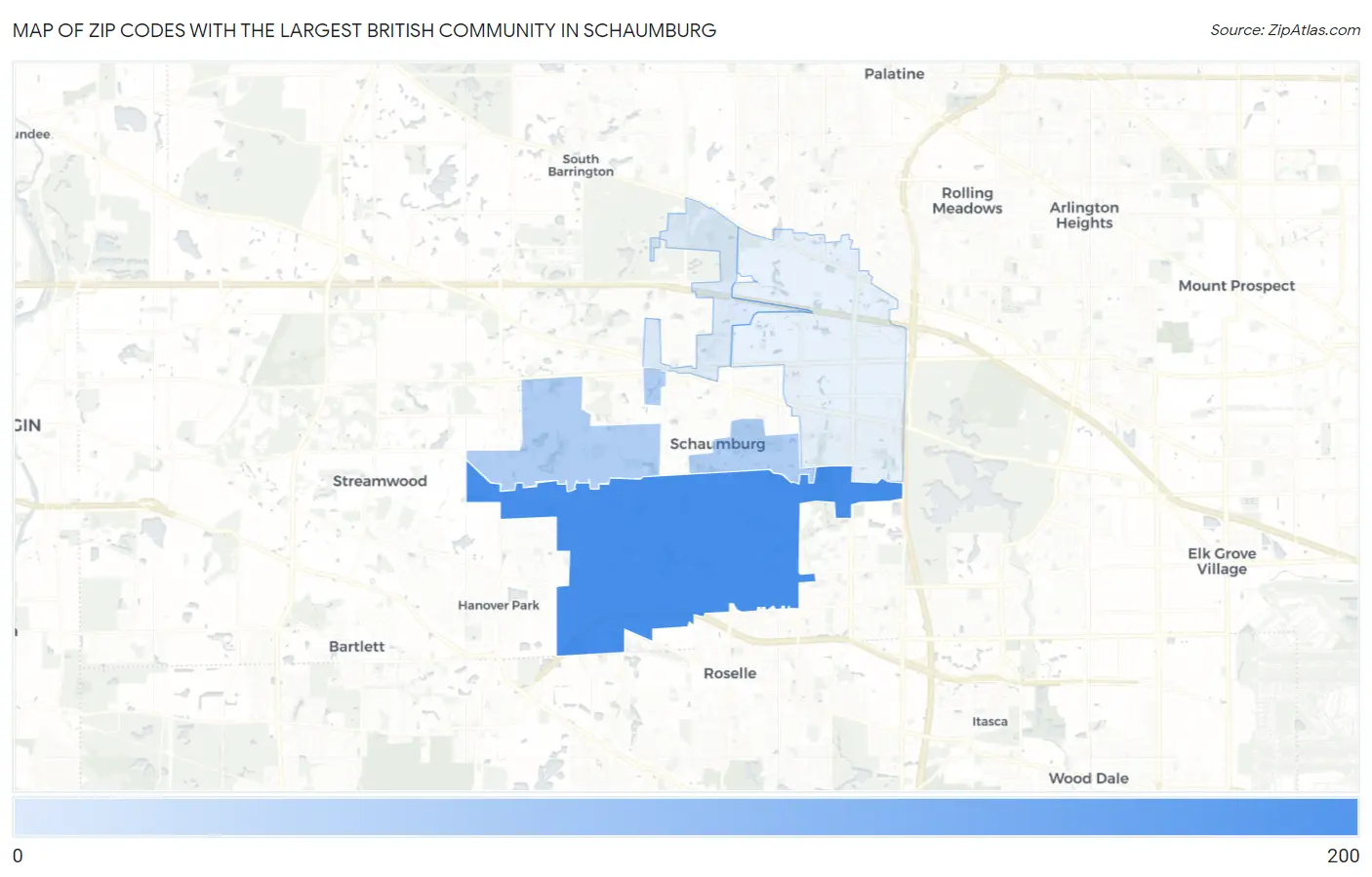 Zip Codes with the Largest British Community in Schaumburg Map