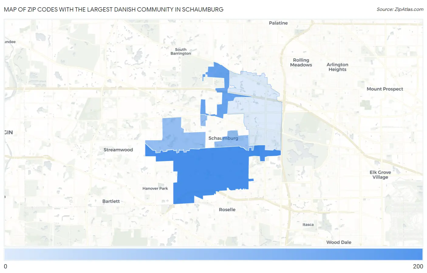 Zip Codes with the Largest Danish Community in Schaumburg Map
