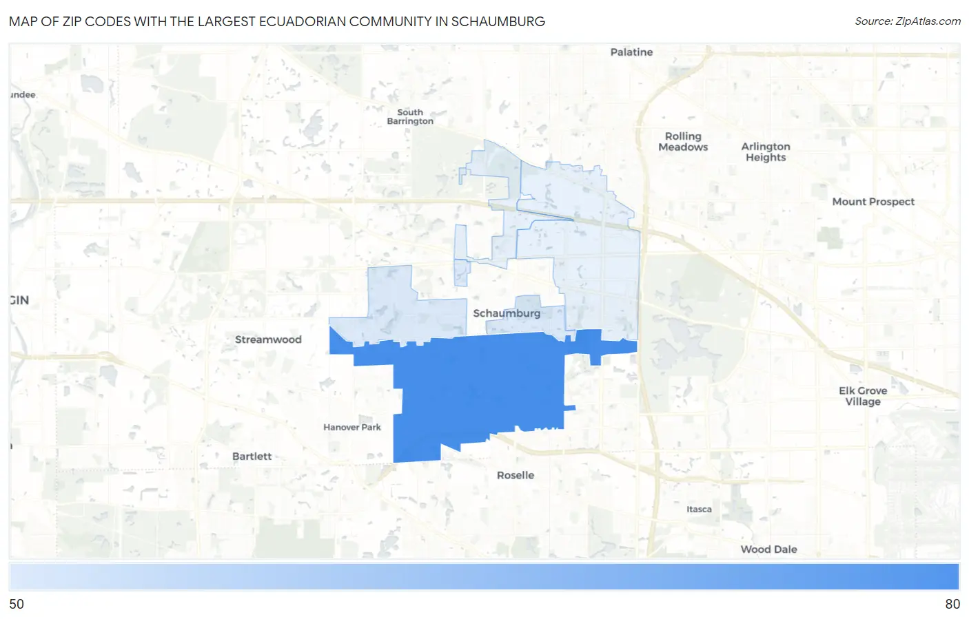 Zip Codes with the Largest Ecuadorian Community in Schaumburg Map