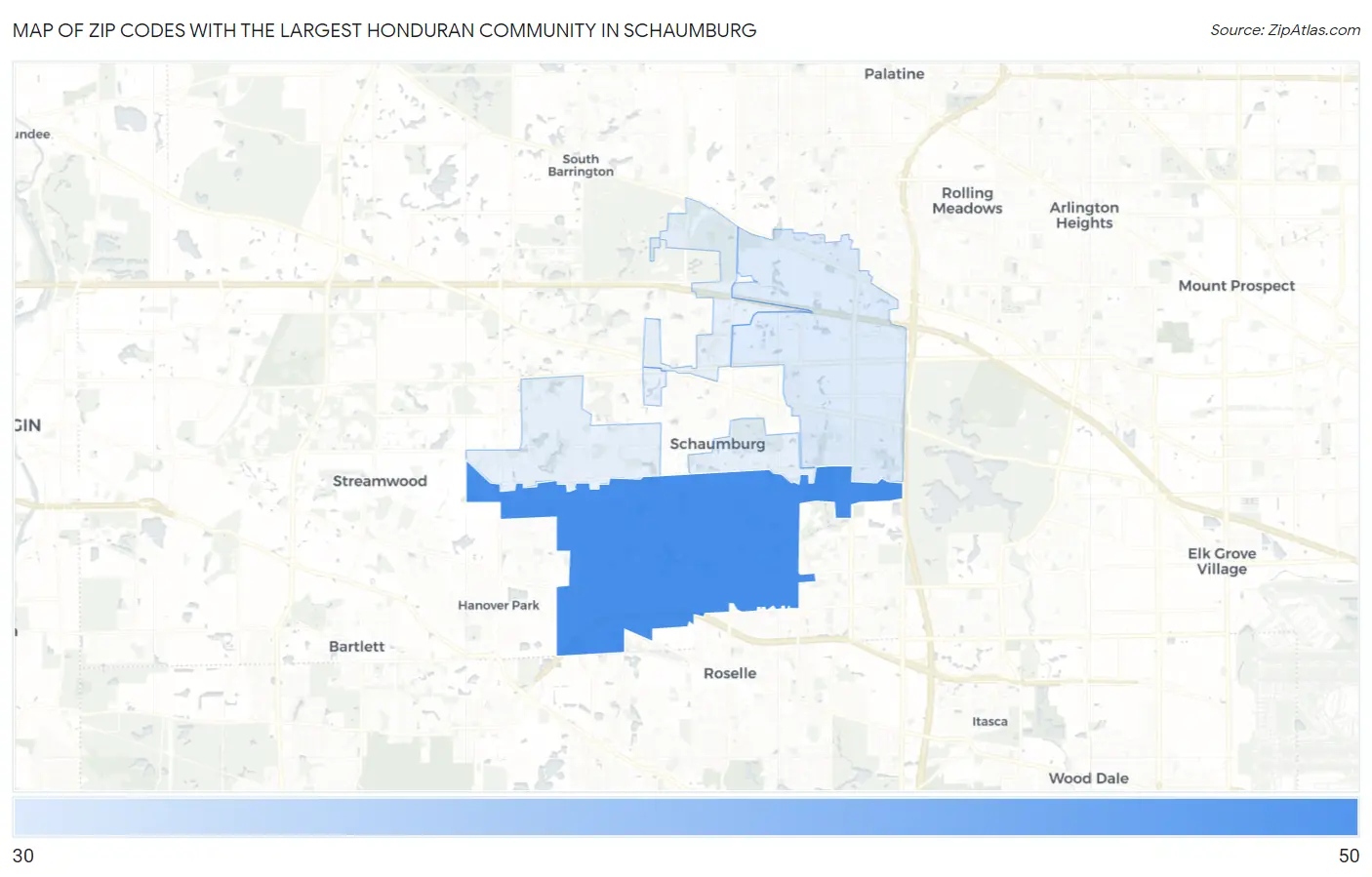 Zip Codes with the Largest Honduran Community in Schaumburg Map