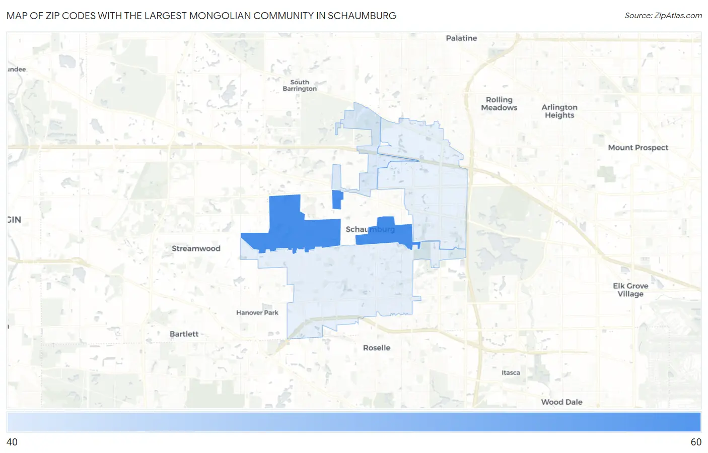 Zip Codes with the Largest Mongolian Community in Schaumburg Map