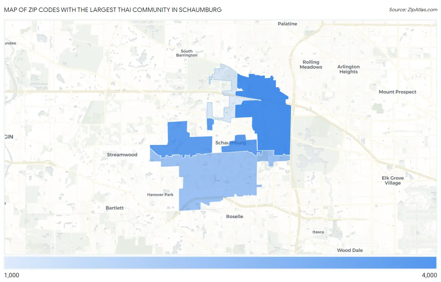 Zip Codes with the Largest Thai Community in Schaumburg Map