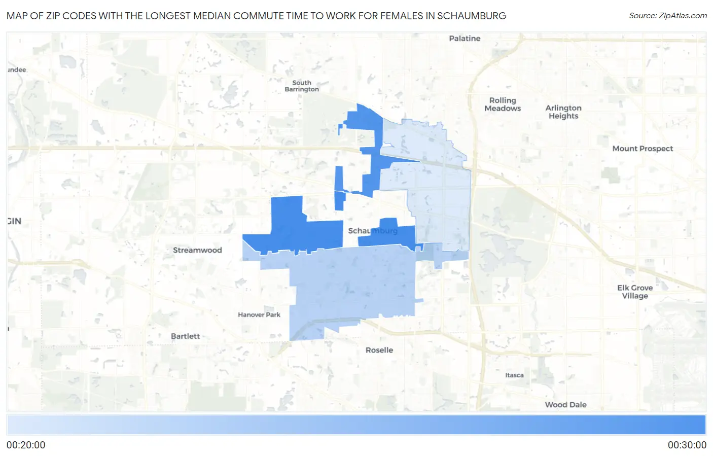 Zip Codes with the Longest Median Commute Time to Work for Females in Schaumburg Map