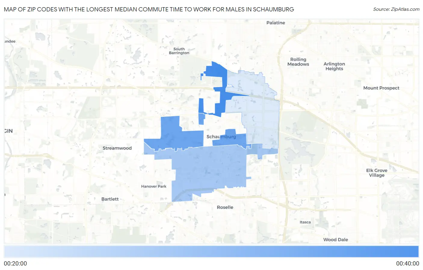 Zip Codes with the Longest Median Commute Time to Work for Males in Schaumburg Map
