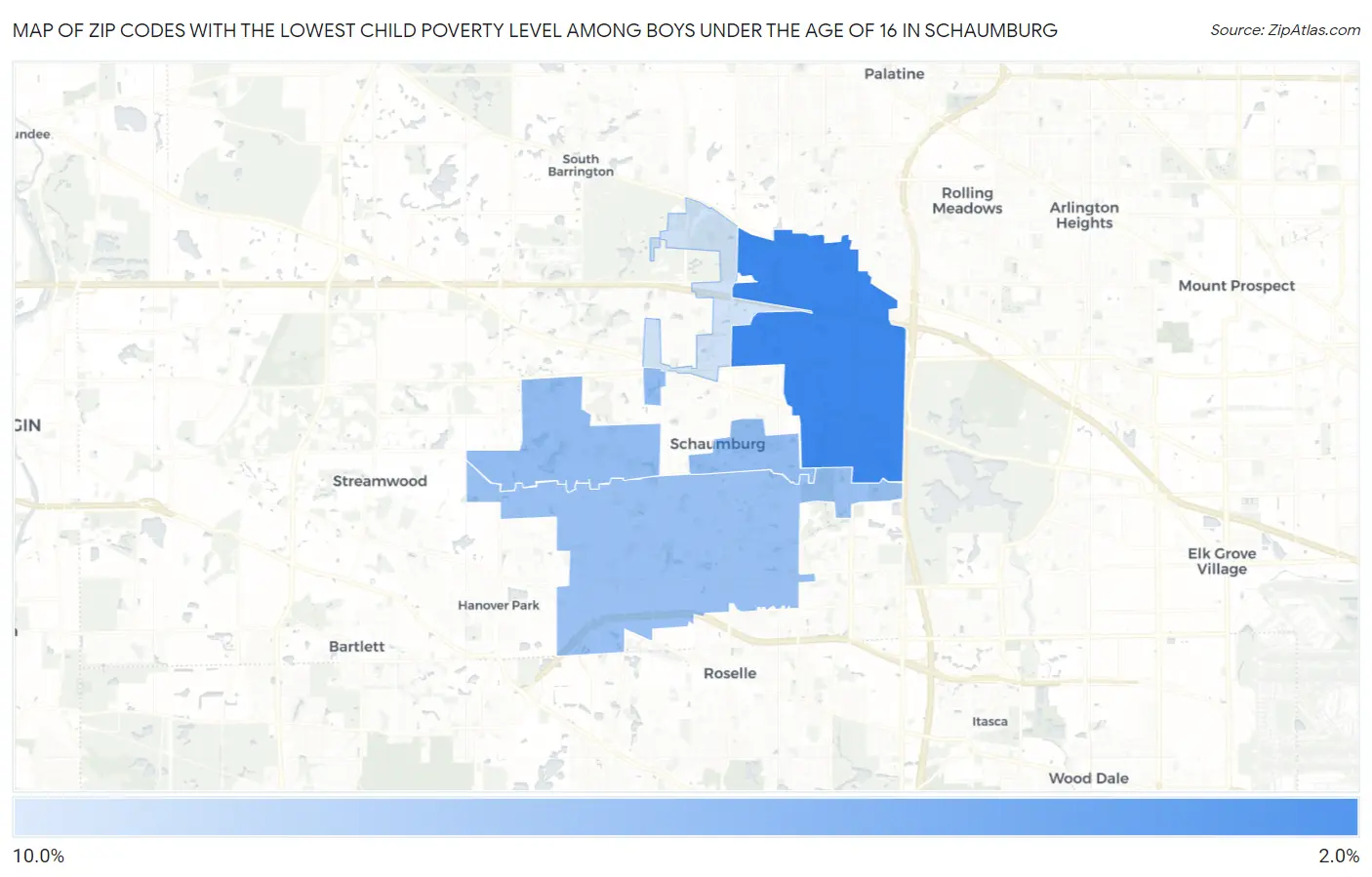 Zip Codes with the Lowest Child Poverty Level Among Boys Under the Age of 16 in Schaumburg Map