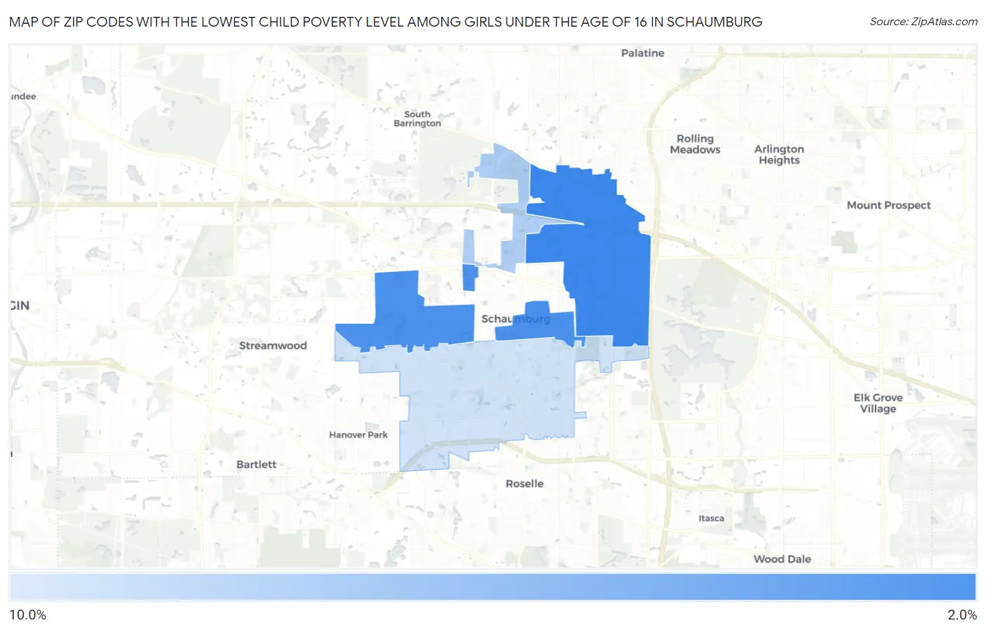 Zip Codes with the Lowest Child Poverty Level Among Girls Under the Age of 16 in Schaumburg Map