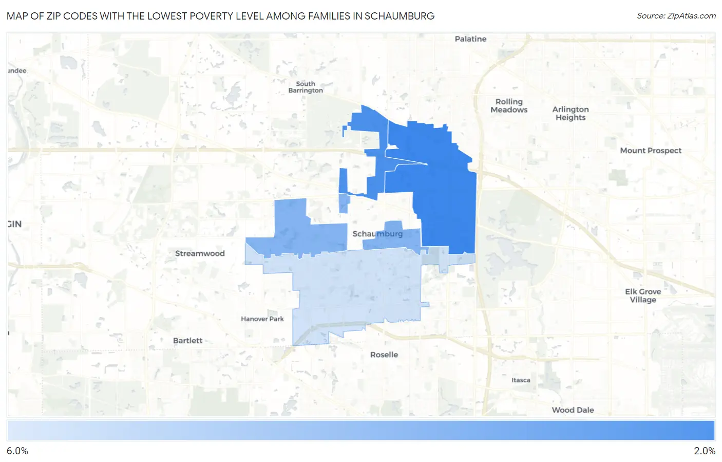 Zip Codes with the Lowest Poverty Level Among Families in Schaumburg Map