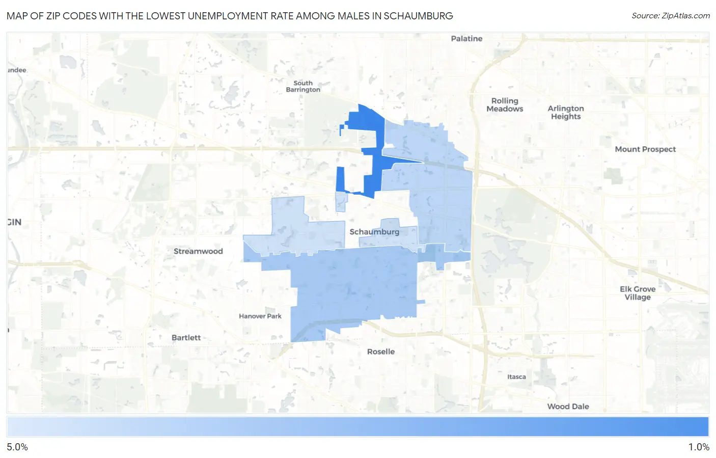 Zip Codes with the Lowest Unemployment Rate Among Males in Schaumburg Map