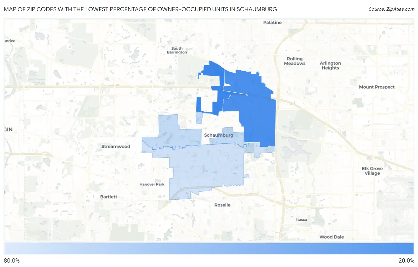 Zip Codes with the Lowest Percentage of Owner-Occupied Units in Schaumburg Map