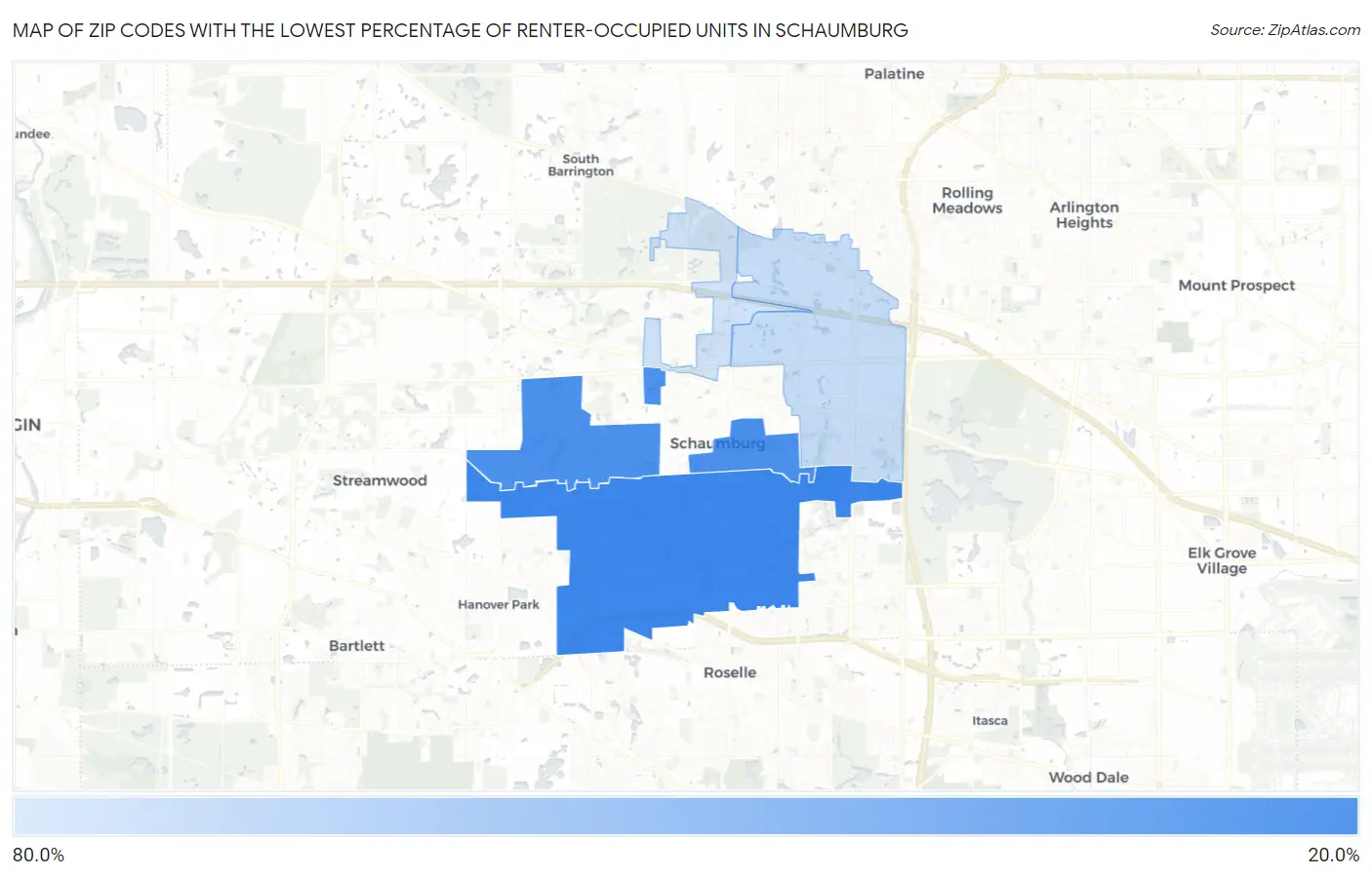Zip Codes with the Lowest Percentage of Renter-Occupied Units in Schaumburg Map