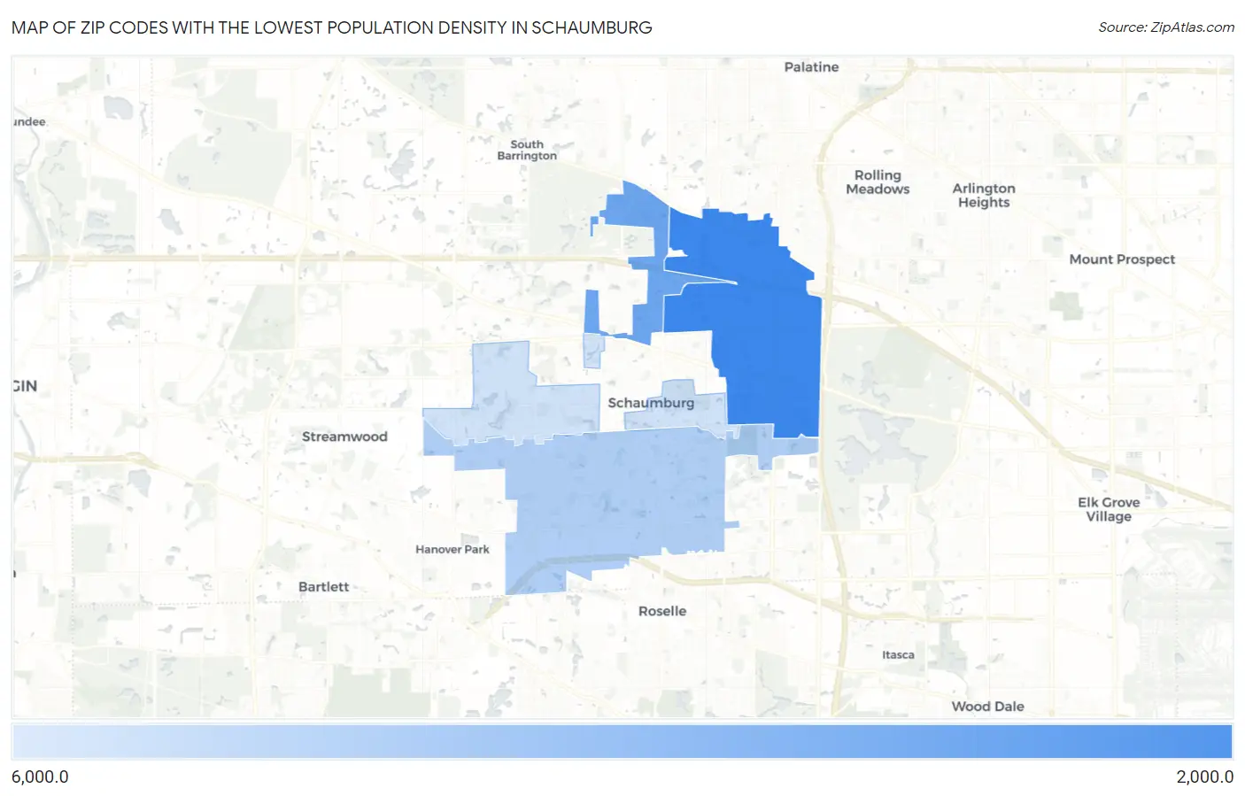 Zip Codes with the Lowest Population Density in Schaumburg Map