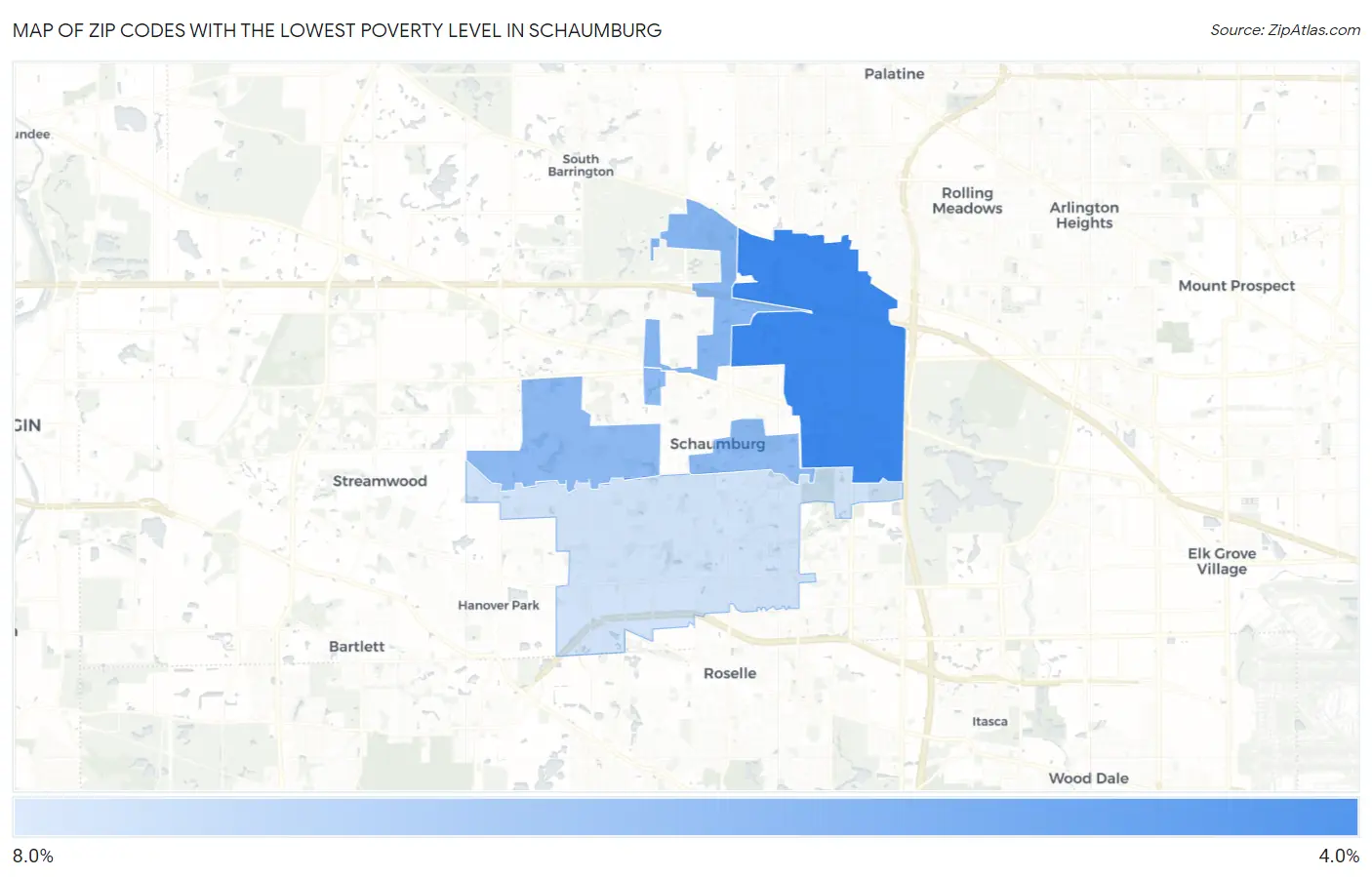 Zip Codes with the Lowest Poverty Level in Schaumburg Map