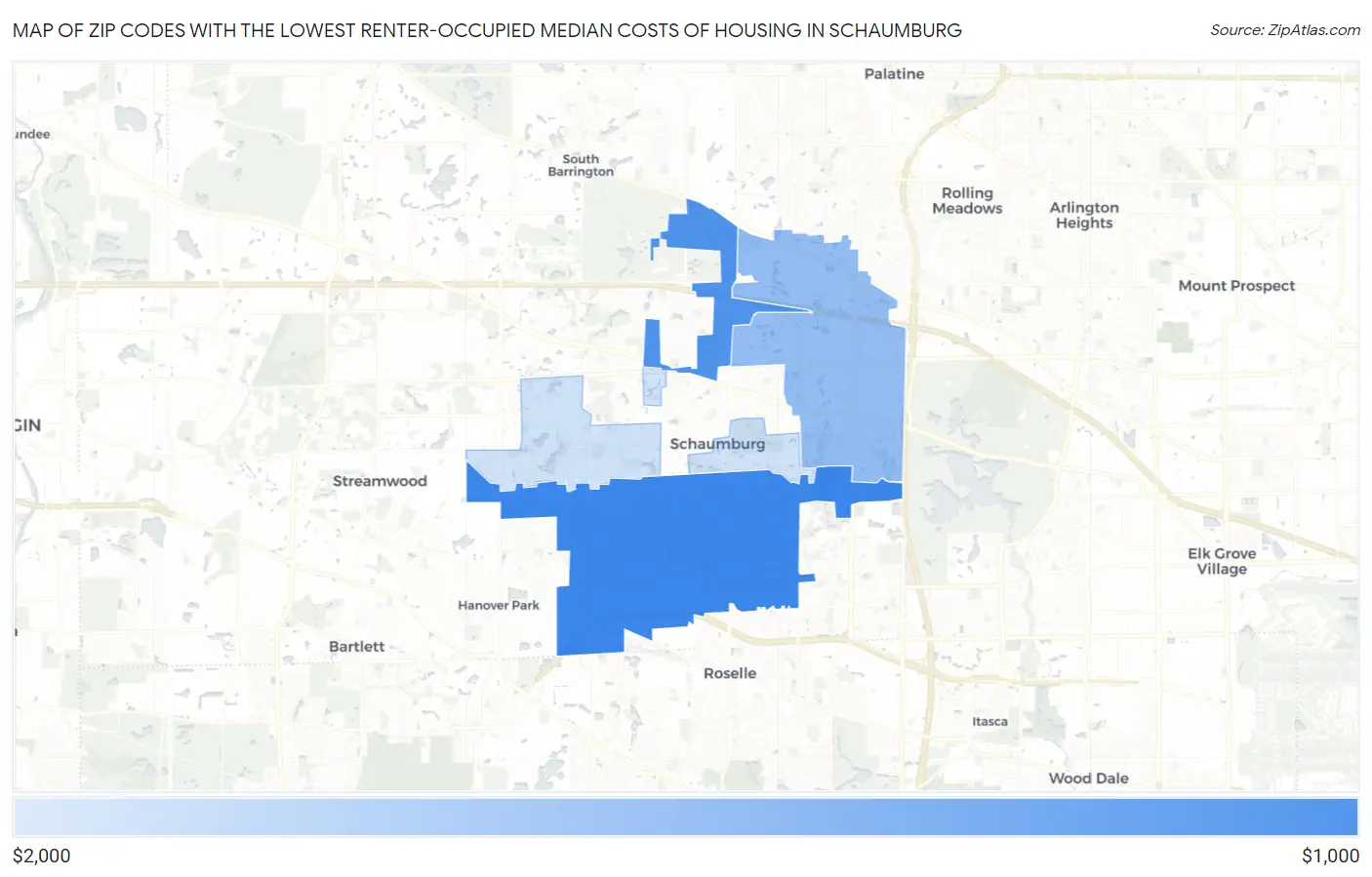 Zip Codes with the Lowest Renter-Occupied Median Costs of Housing in Schaumburg Map