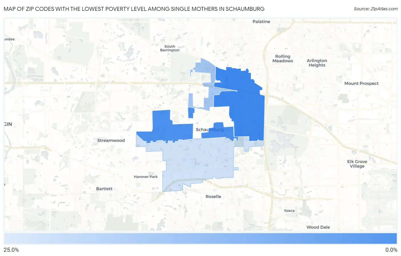 Zip Codes with the Lowest Poverty Level Among Single Mothers in Schaumburg Map