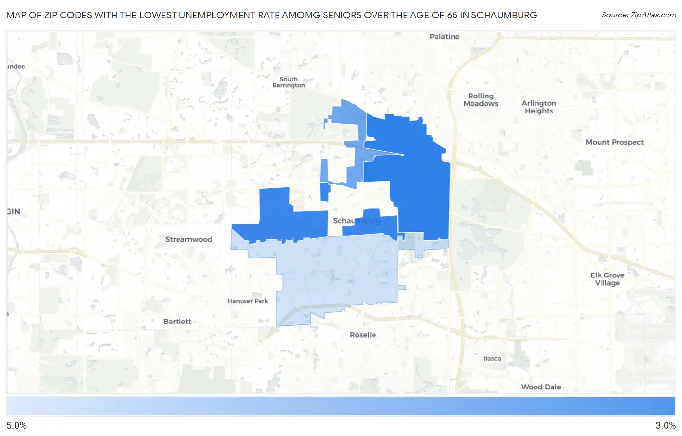Zip Codes with the Lowest Unemployment Rate Amomg Seniors Over the Age of 65 in Schaumburg Map
