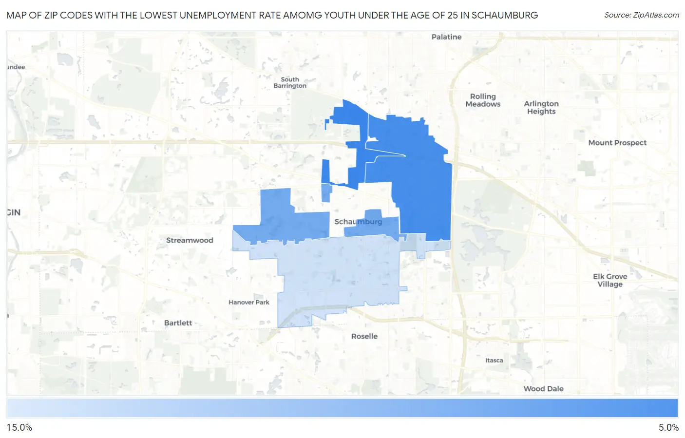 Zip Codes with the Lowest Unemployment Rate Amomg Youth Under the Age of 25 in Schaumburg Map