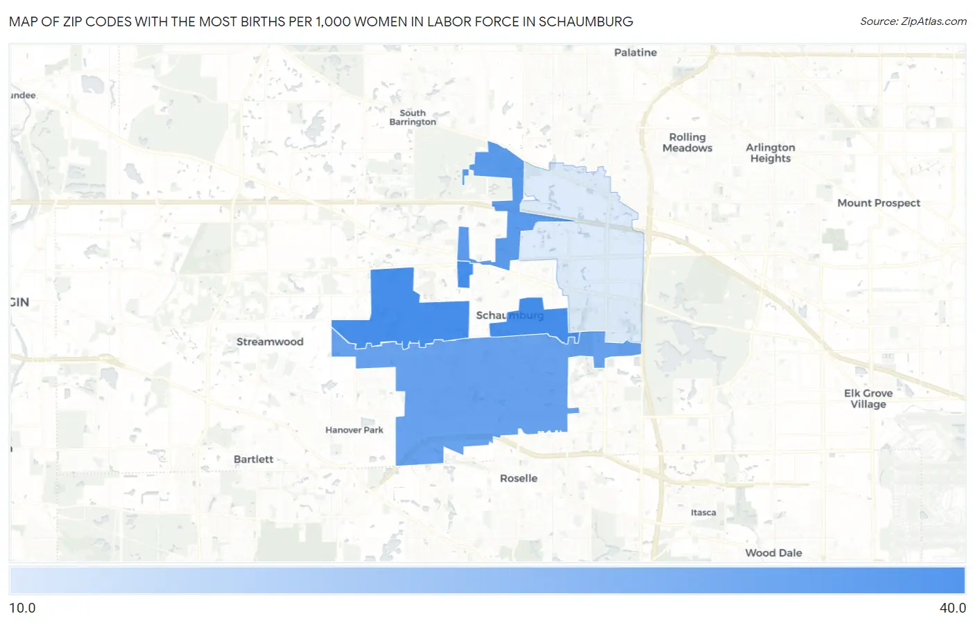 Zip Codes with the Most Births per 1,000 Women in Labor Force in Schaumburg Map