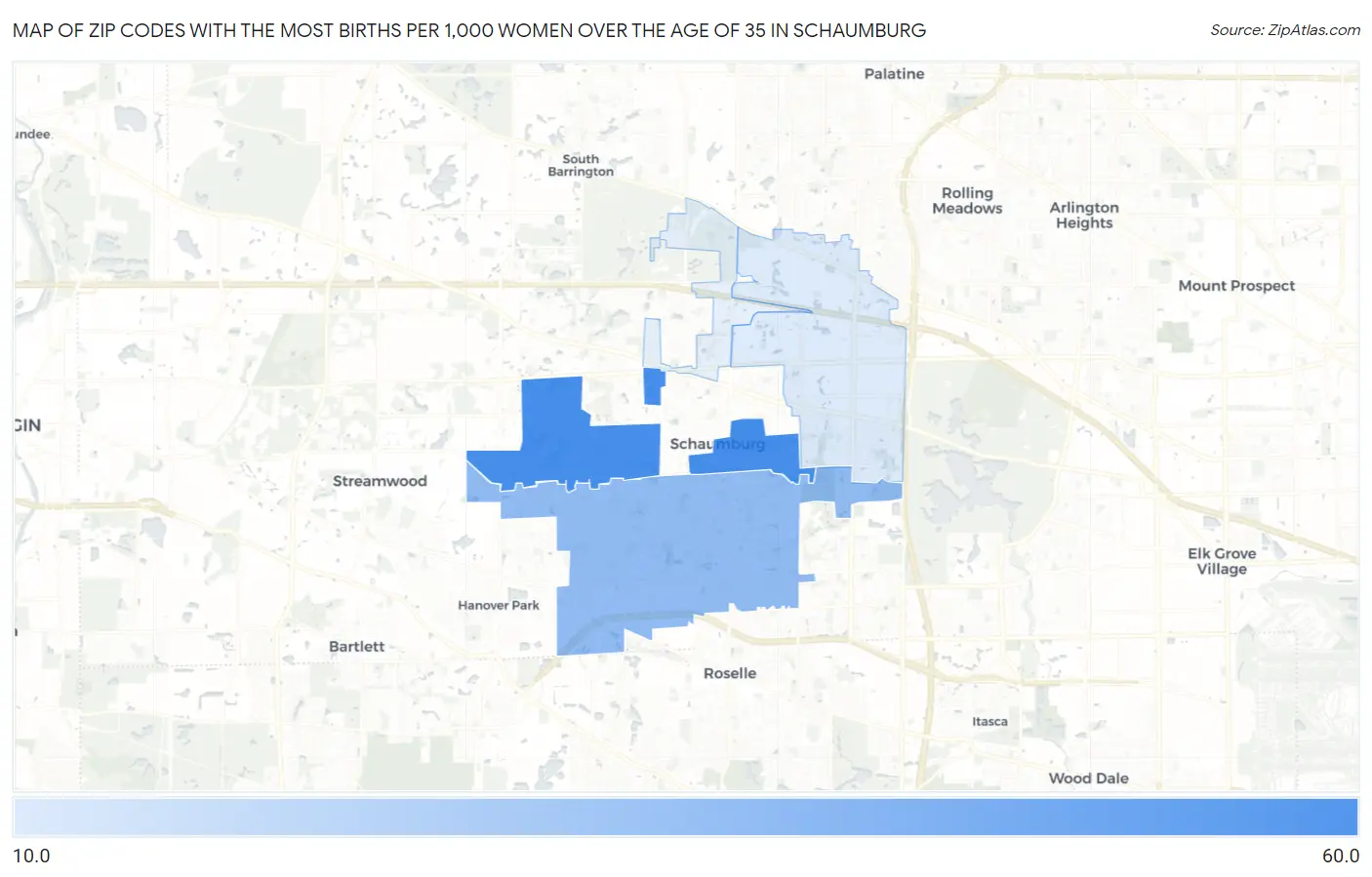 Zip Codes with the Most Births per 1,000 Women Over the Age of 35 in Schaumburg Map