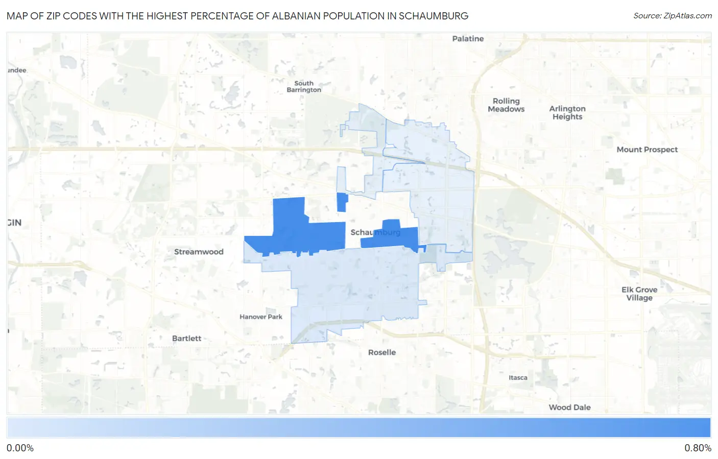 Zip Codes with the Highest Percentage of Albanian Population in Schaumburg Map