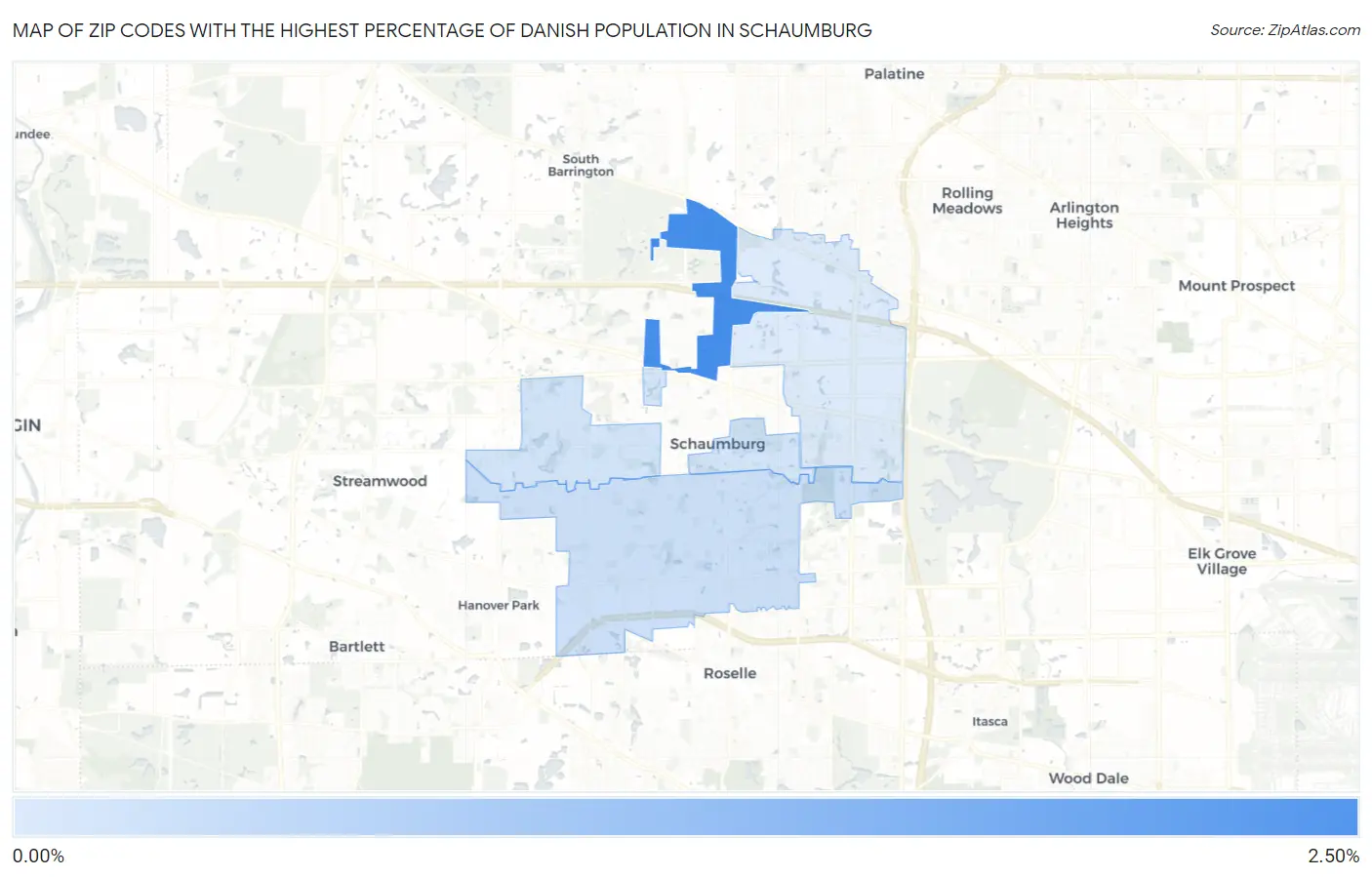 Zip Codes with the Highest Percentage of Danish Population in Schaumburg Map