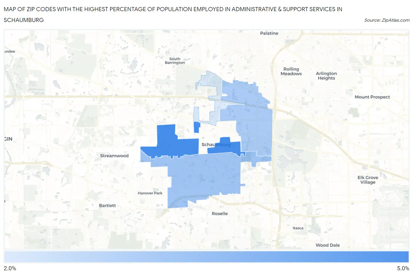 Zip Codes with the Highest Percentage of Population Employed in Administrative & Support Services in Schaumburg Map