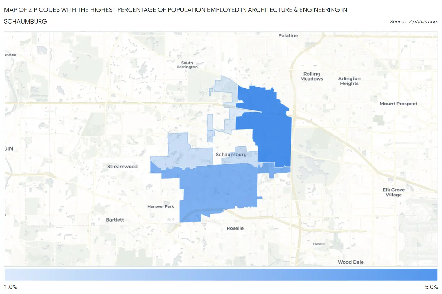 Zip Codes with the Highest Percentage of Population Employed in Architecture & Engineering in Schaumburg Map