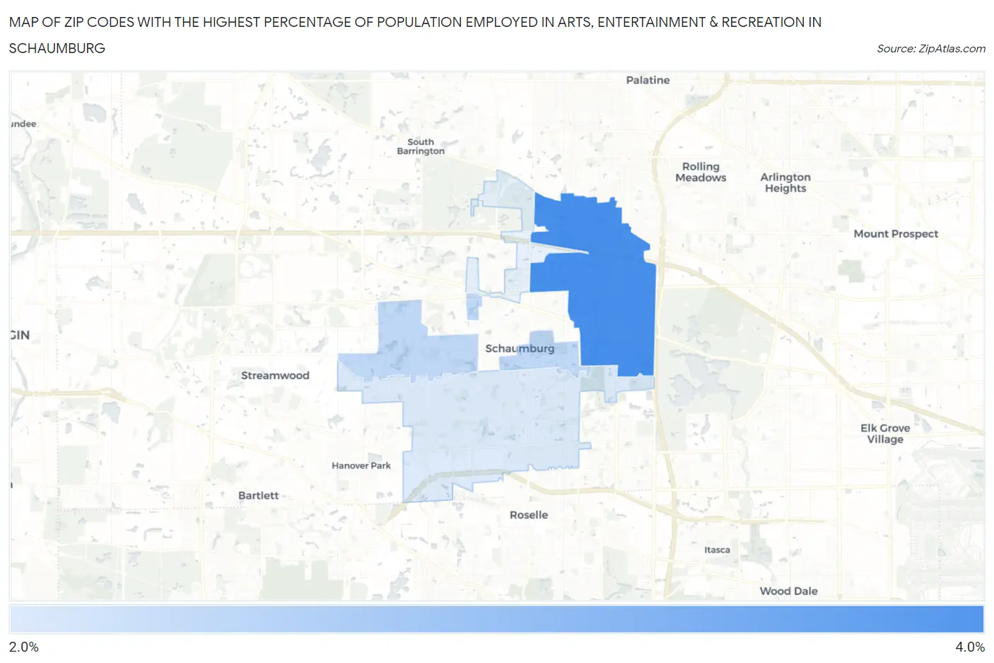 Zip Codes with the Highest Percentage of Population Employed in Arts, Entertainment & Recreation in Schaumburg Map