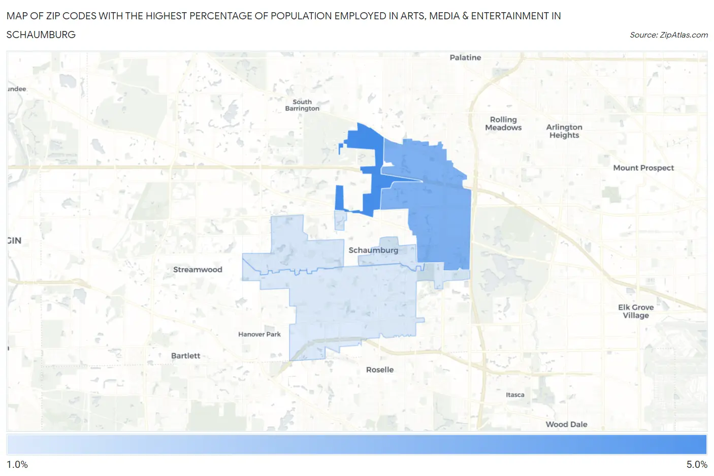 Zip Codes with the Highest Percentage of Population Employed in Arts, Media & Entertainment in Schaumburg Map