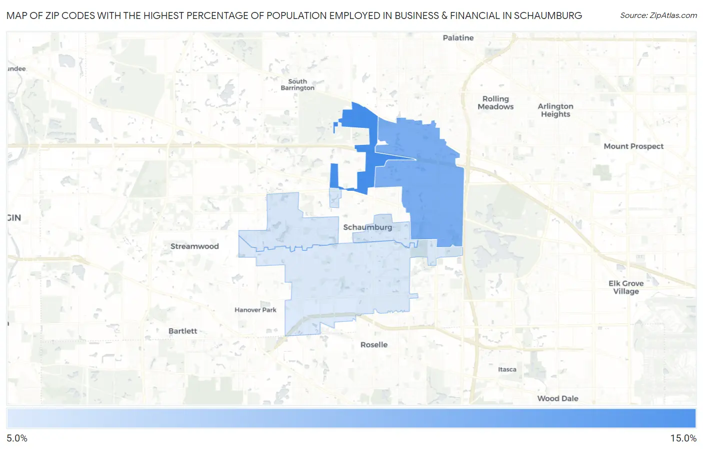 Zip Codes with the Highest Percentage of Population Employed in Business & Financial in Schaumburg Map