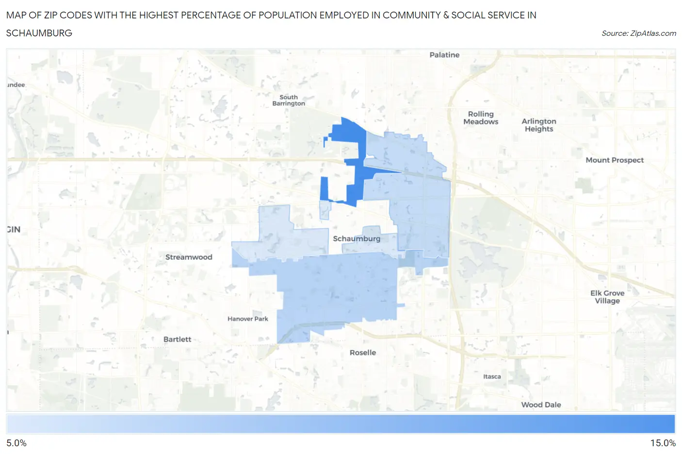 Zip Codes with the Highest Percentage of Population Employed in Community & Social Service  in Schaumburg Map