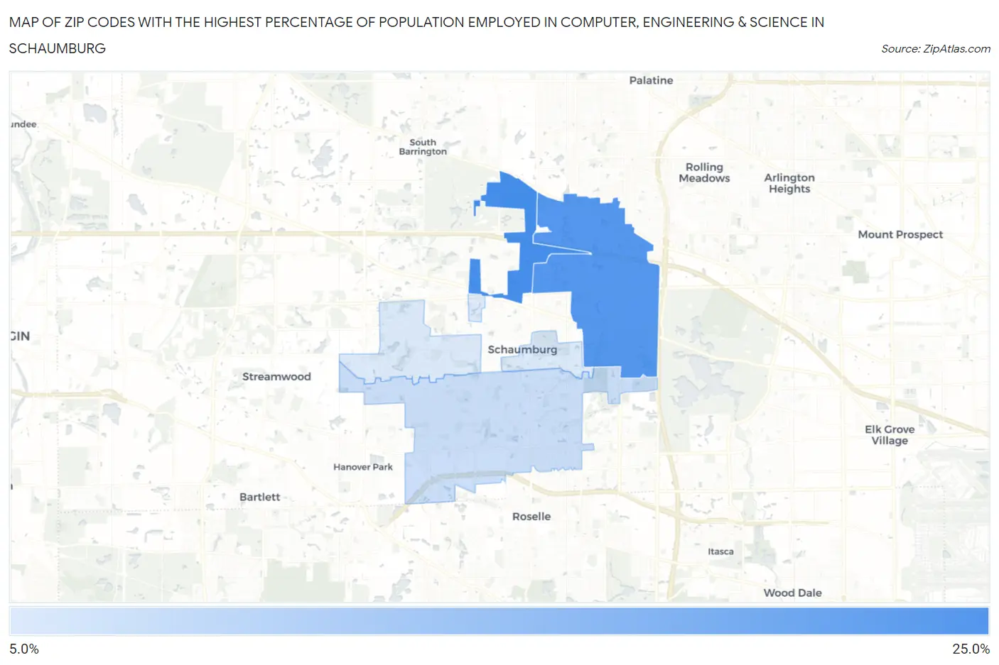 Zip Codes with the Highest Percentage of Population Employed in Computer, Engineering & Science in Schaumburg Map