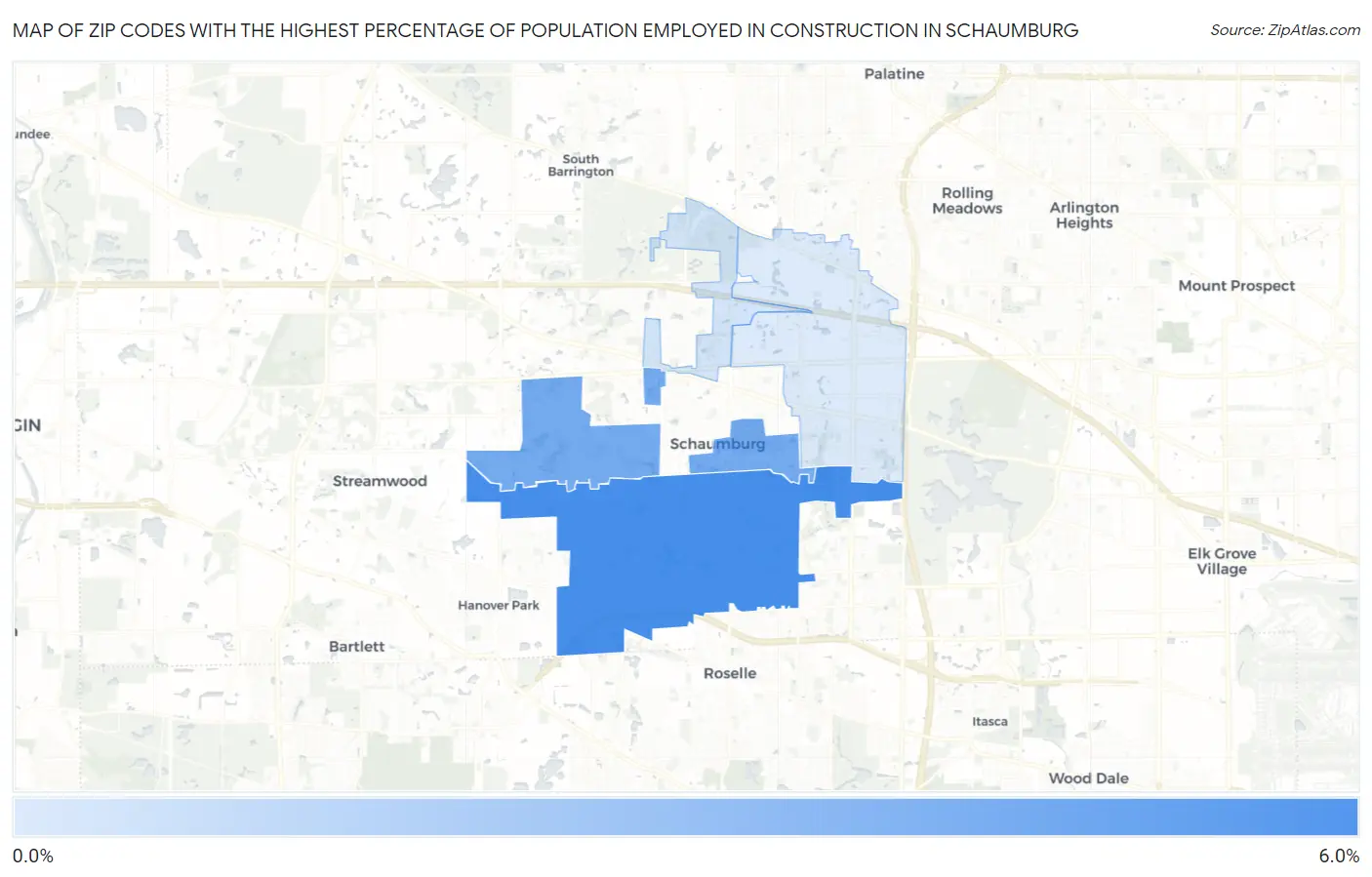 Zip Codes with the Highest Percentage of Population Employed in Construction in Schaumburg Map