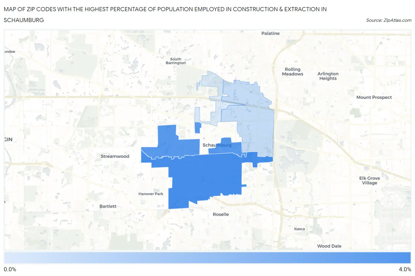 Zip Codes with the Highest Percentage of Population Employed in Construction & Extraction in Schaumburg Map