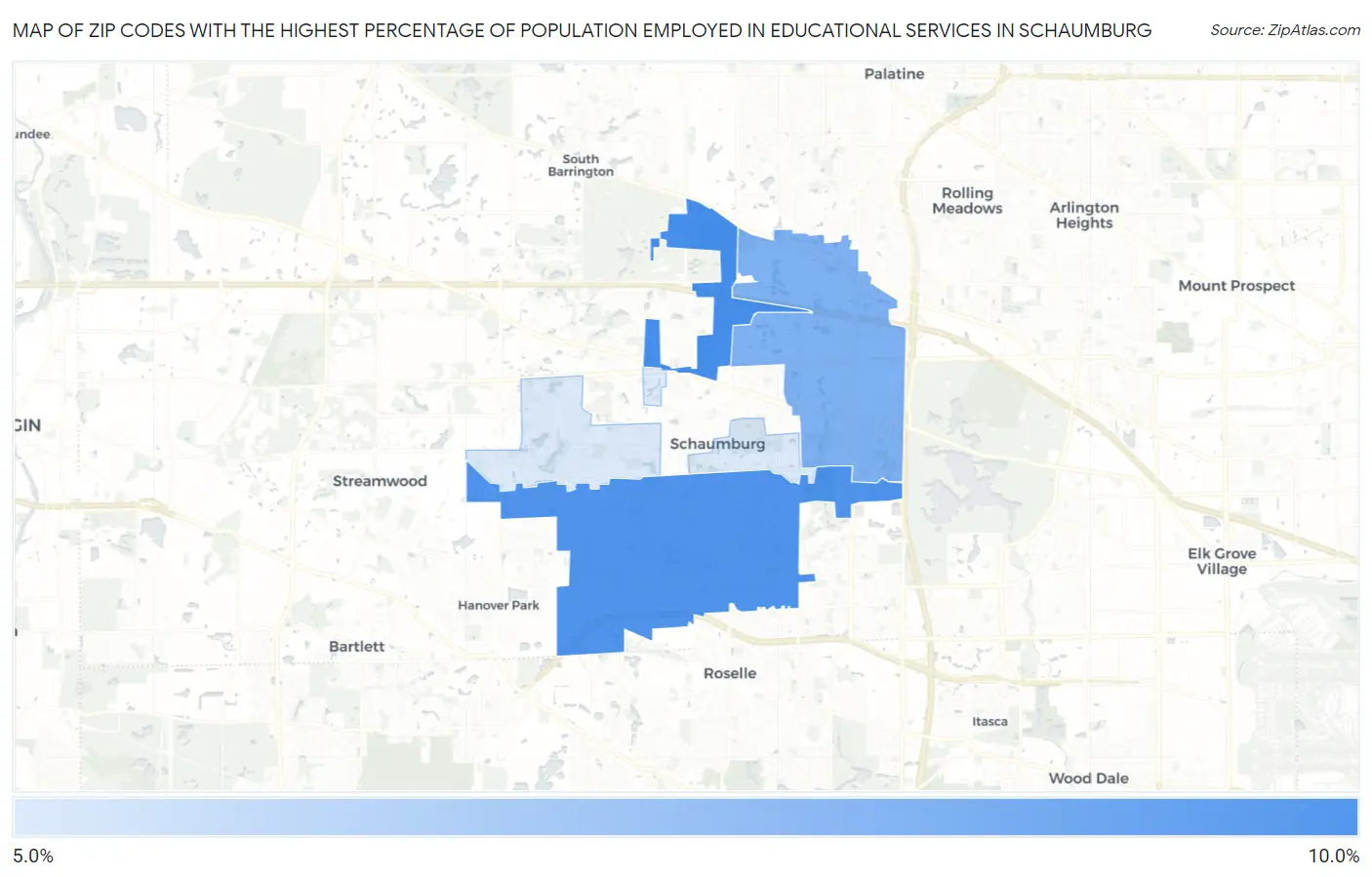 Zip Codes with the Highest Percentage of Population Employed in Educational Services in Schaumburg Map