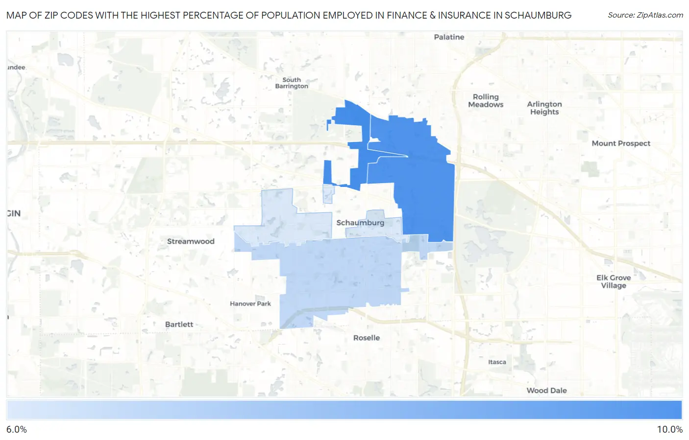 Zip Codes with the Highest Percentage of Population Employed in Finance & Insurance in Schaumburg Map