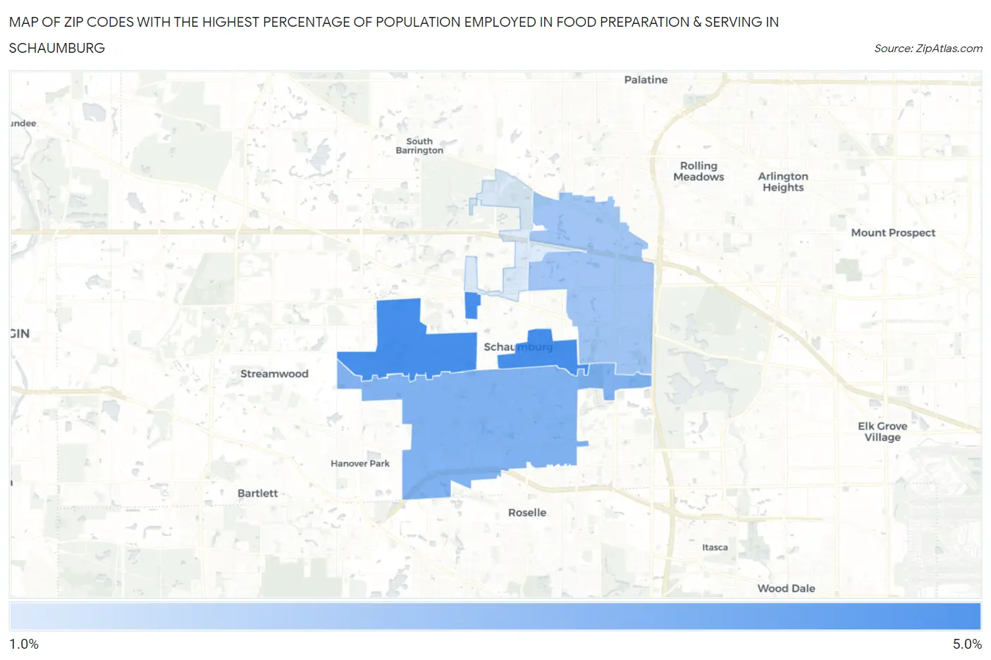 Zip Codes with the Highest Percentage of Population Employed in Food Preparation & Serving in Schaumburg Map