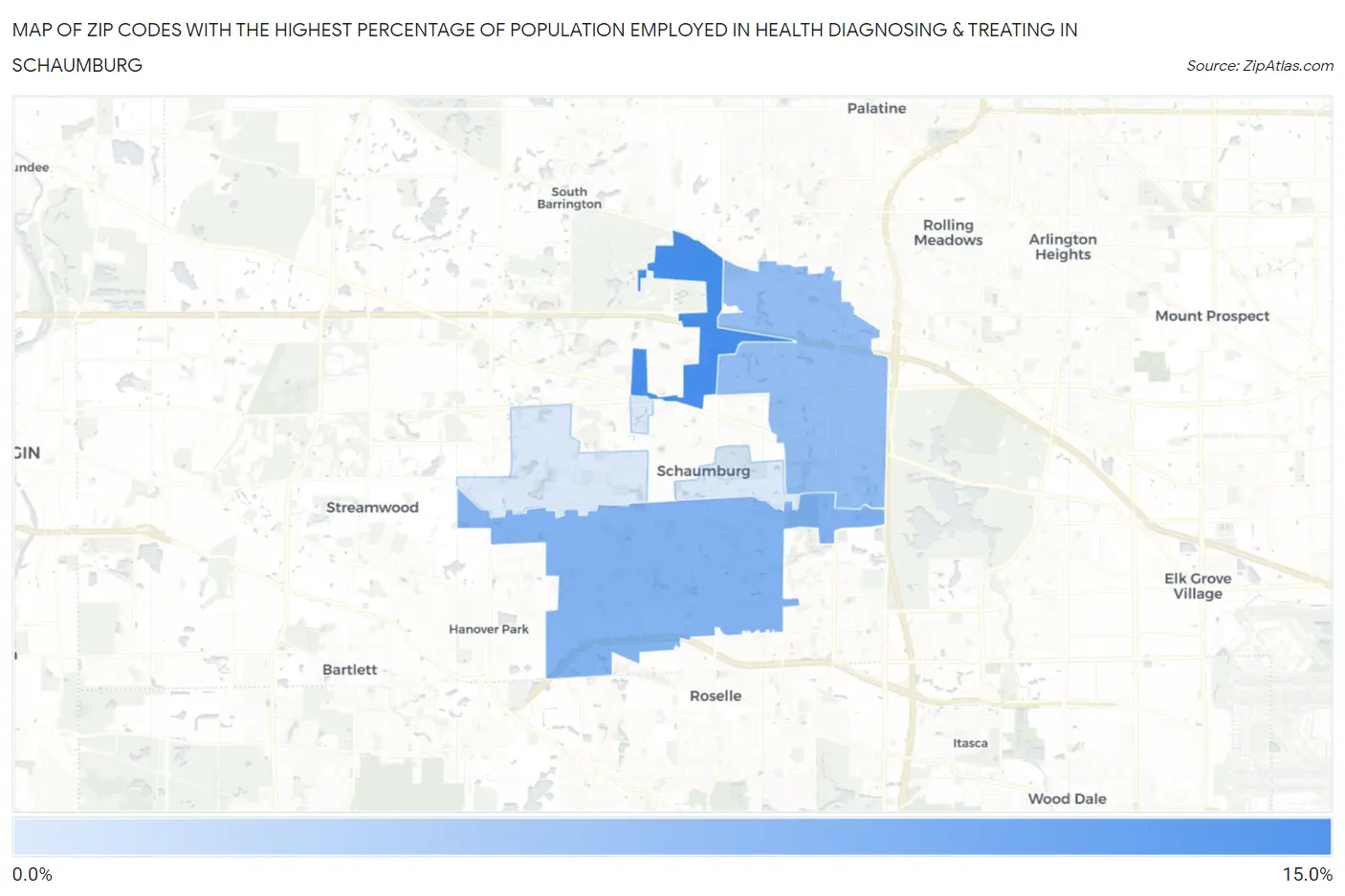 Zip Codes with the Highest Percentage of Population Employed in Health Diagnosing & Treating in Schaumburg Map
