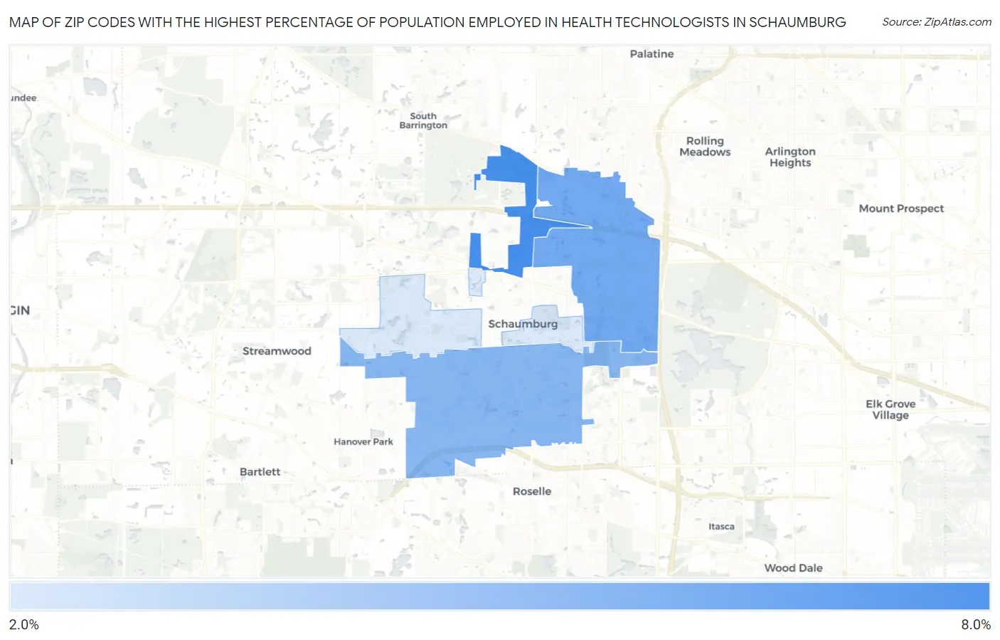Zip Codes with the Highest Percentage of Population Employed in Health Technologists in Schaumburg Map