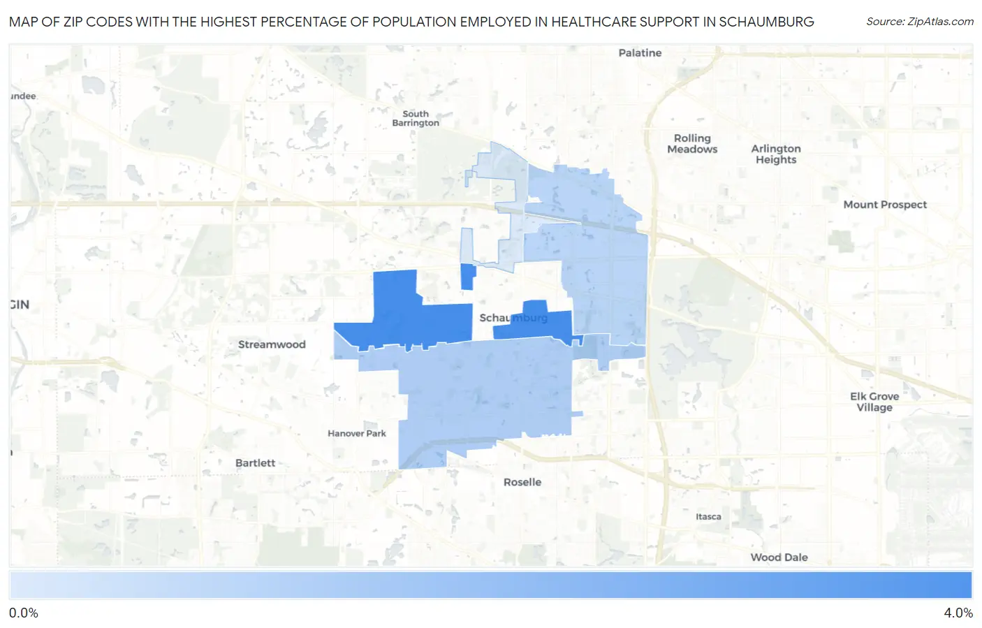 Zip Codes with the Highest Percentage of Population Employed in Healthcare Support in Schaumburg Map