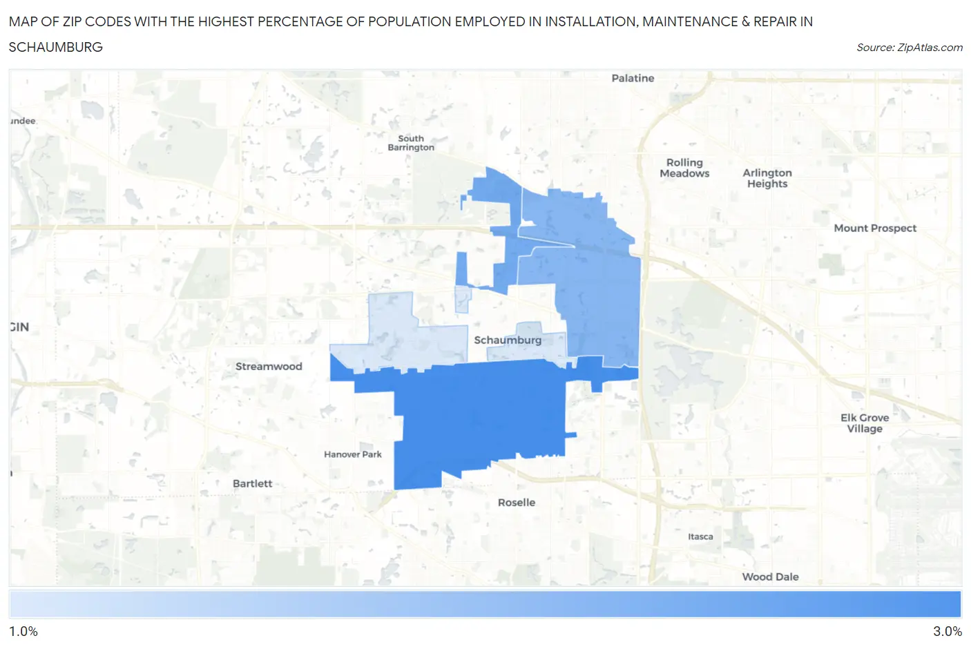 Zip Codes with the Highest Percentage of Population Employed in Installation, Maintenance & Repair in Schaumburg Map