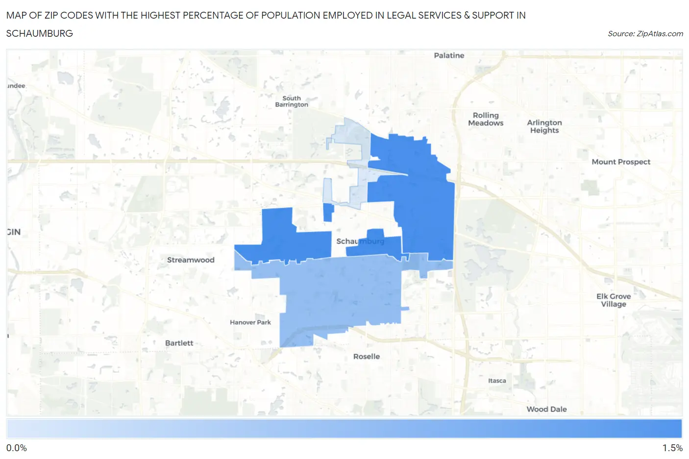 Zip Codes with the Highest Percentage of Population Employed in Legal Services & Support in Schaumburg Map
