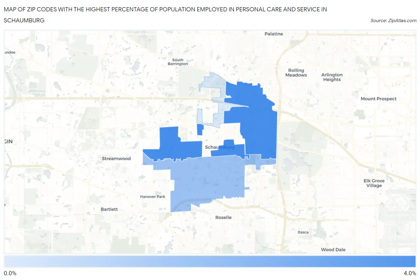 Zip Codes with the Highest Percentage of Population Employed in Personal Care and Service in Schaumburg Map